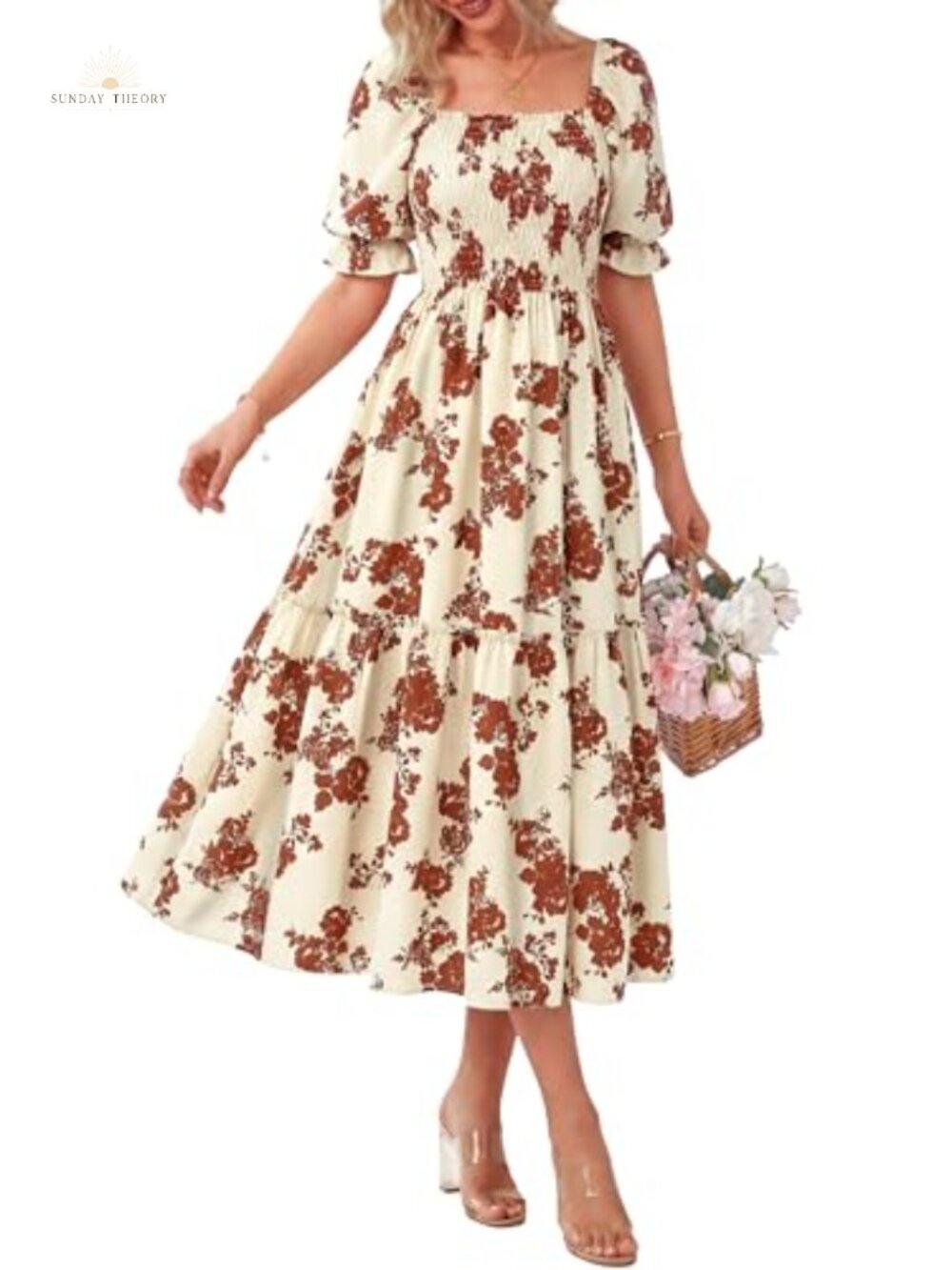 Women's Summer Midi Dress Puff Sleeve Square Neck A Line Flowy Boho Smocked